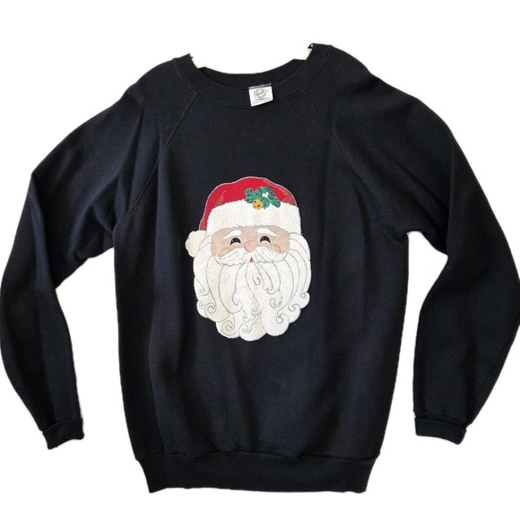 Hanes Sweaters - Vintage Christmas Sweatshirt 2XL Black Fleece Crewneck Santa Glitter Holiday